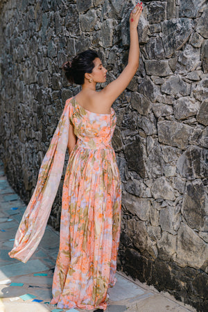Coral Peach Printed &amp; Pleated Jumpsuit image 4