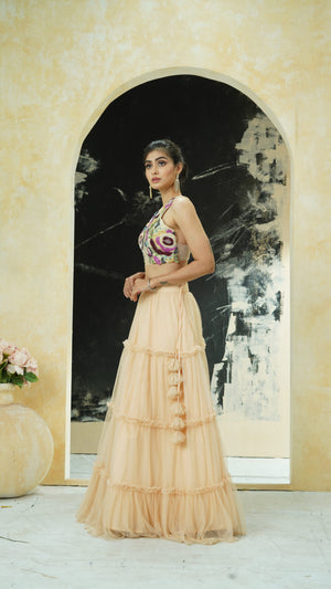 Multi-hued embroidered blouse and tier skirt set image 5
