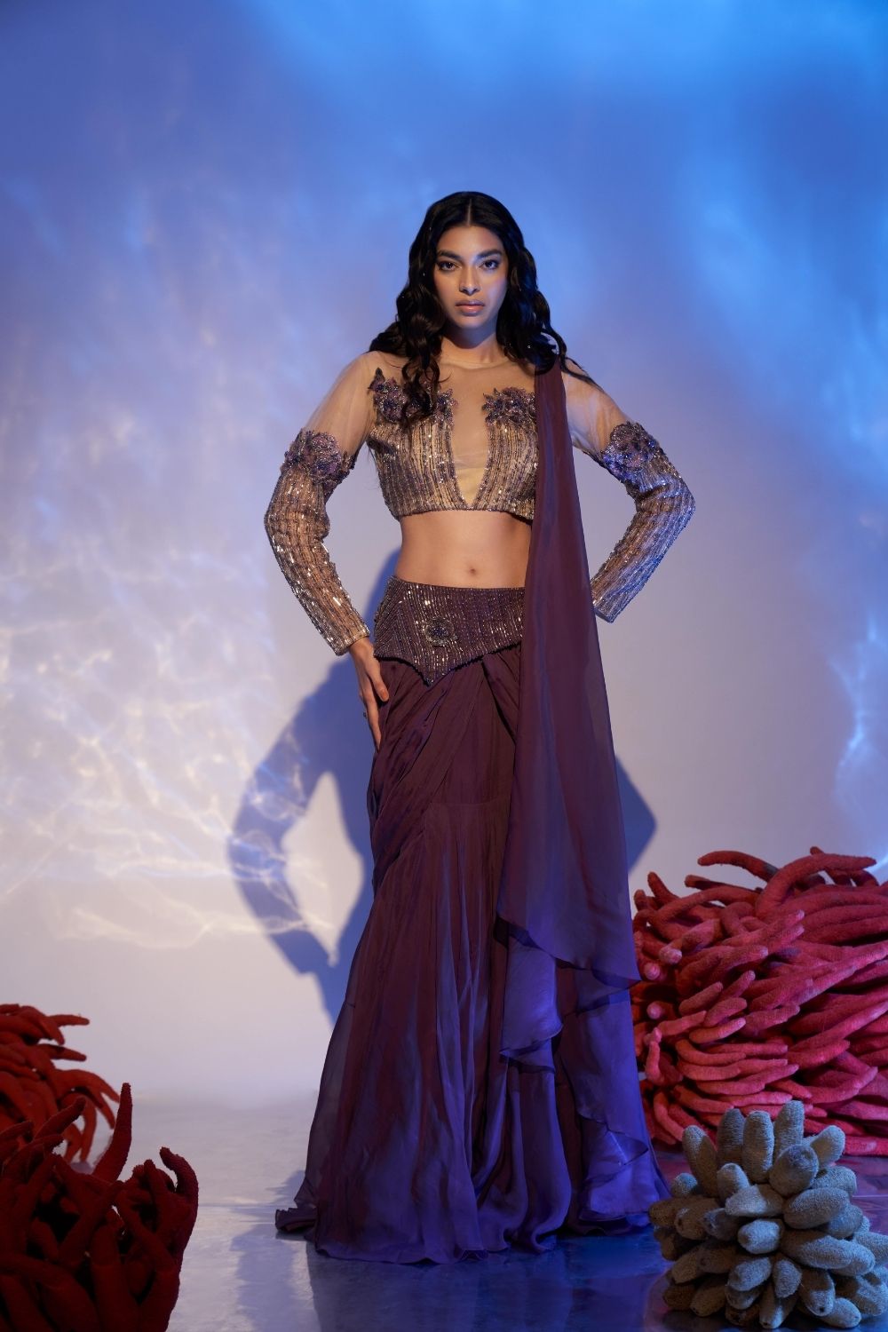 Mauve Floral Sequins Saree - XL image