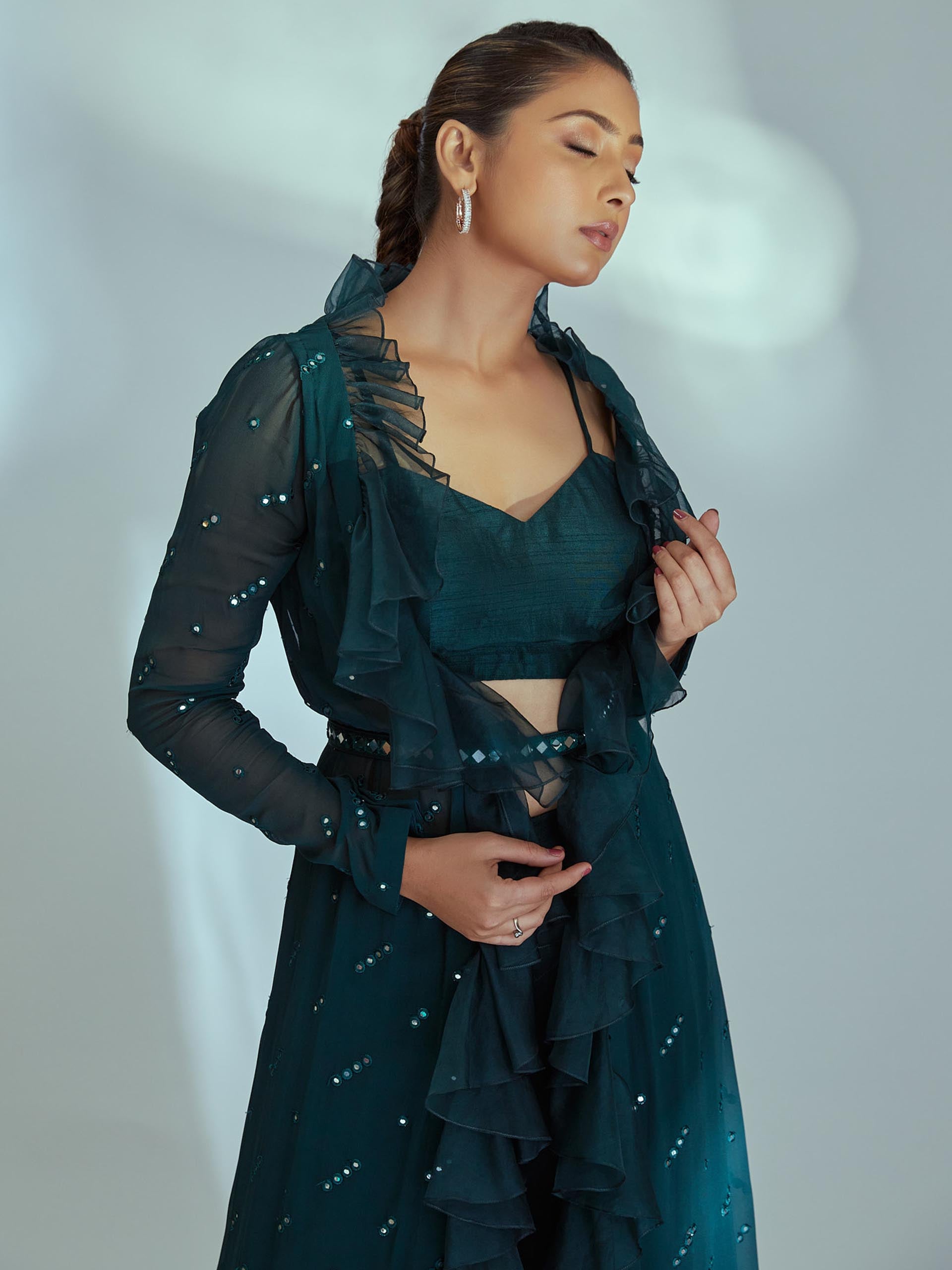 Green Mirror Flared Pant Set with Ruffle Jacket image 3