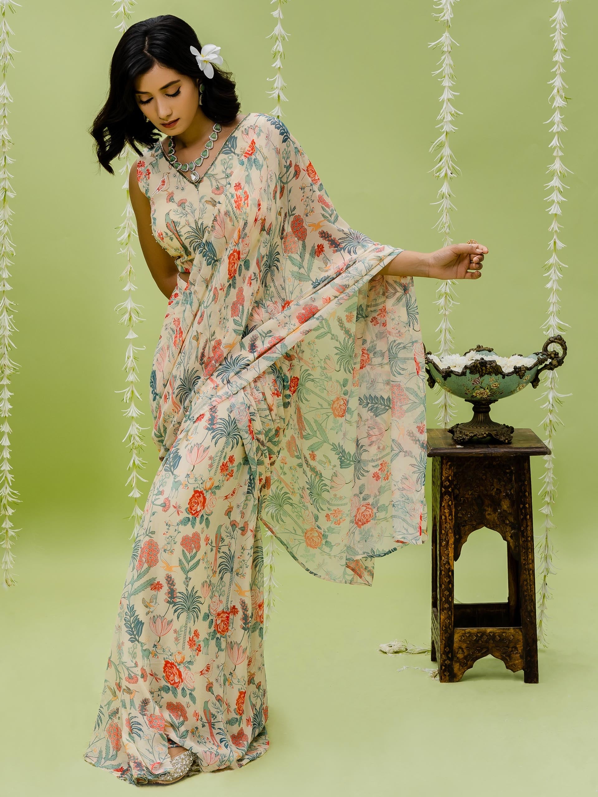 Tropical Print Pre Draped Saree Set image 0