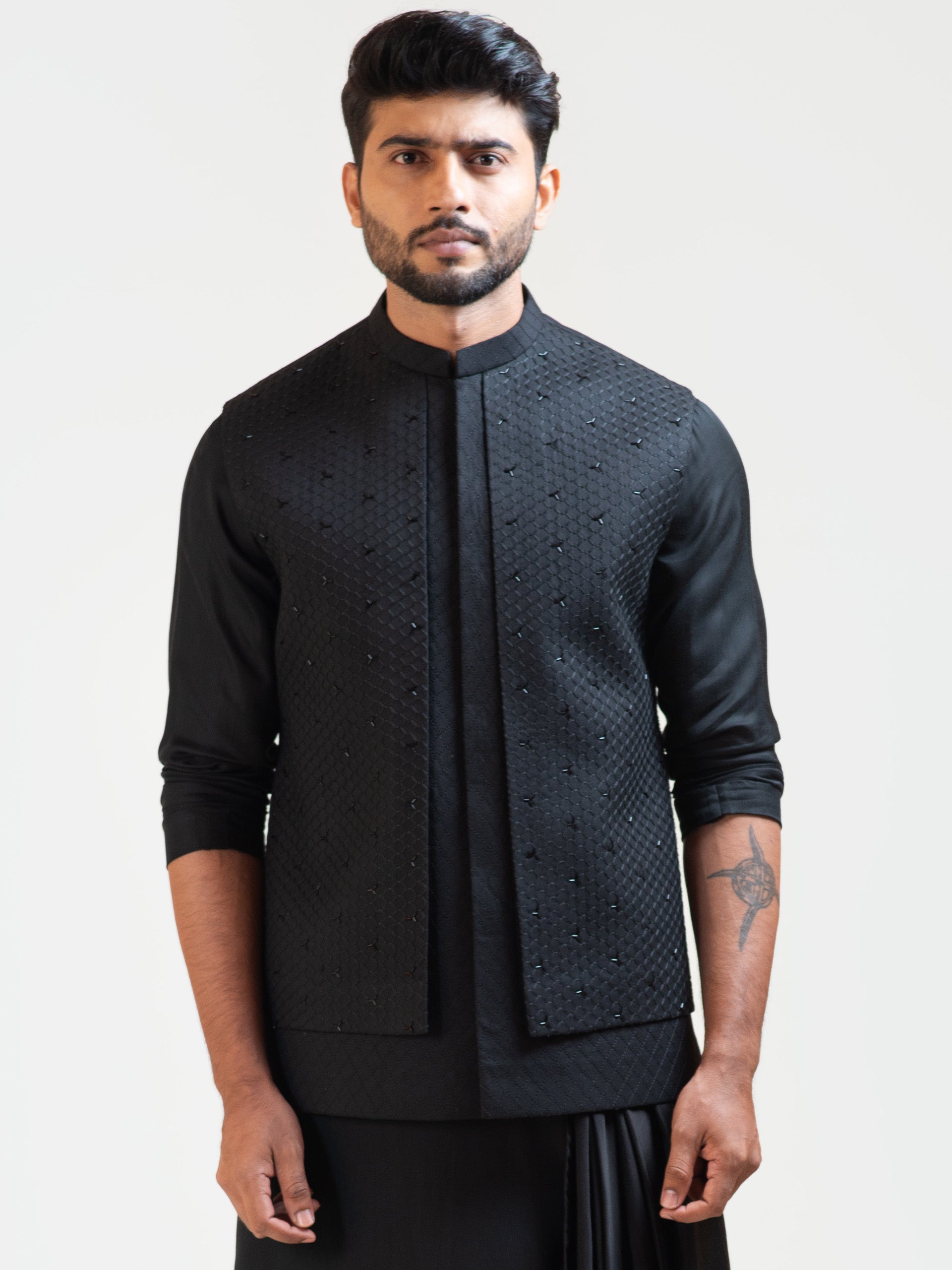 Black Double Panel Nehru Kurta Set image 2