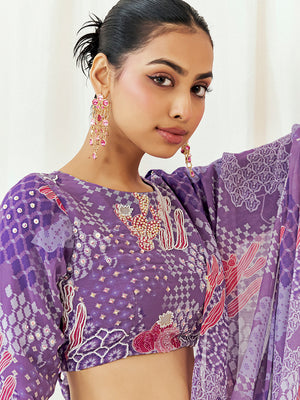 Violet Printed Embroidered Drape Saree Set image 3