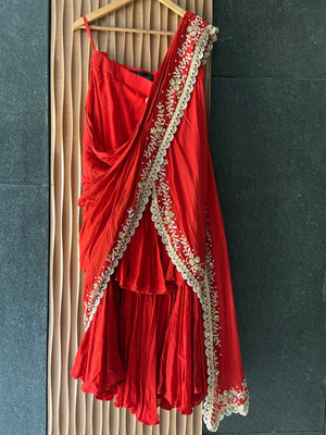 Red Ruffled Embroidered Pre-stitched Saree Set image 6