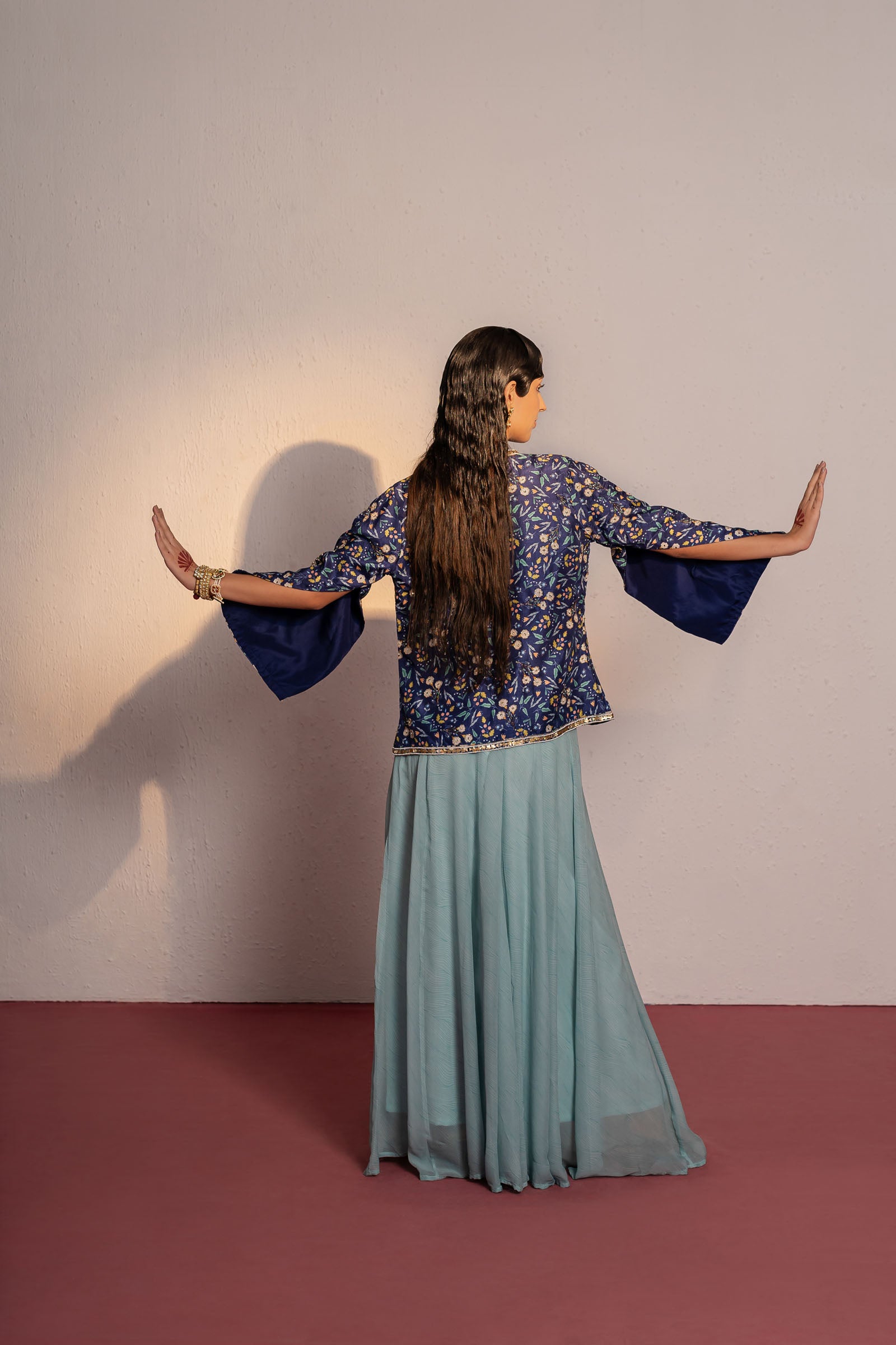 Royal Blue Printed And Embroidered Jacket & Palazzo Pant Set image 1