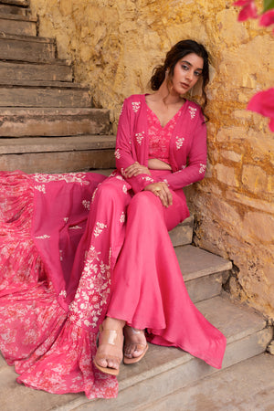 Pink Georgette Flared Pants &amp; Jacket Set image 4