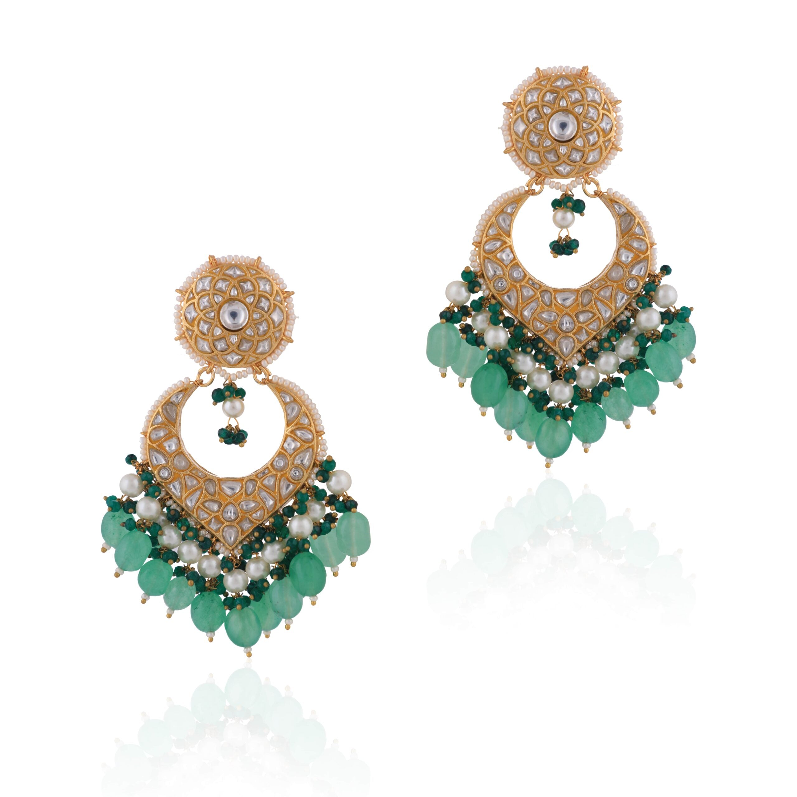 Sea Green Beads with White Jadtar Stone Necklace Set image 1