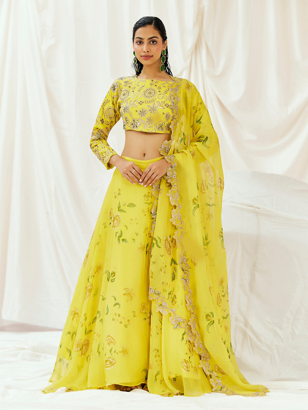 Bright Yellow Printed Embroidered Lehenga Set with Dupatta - M image