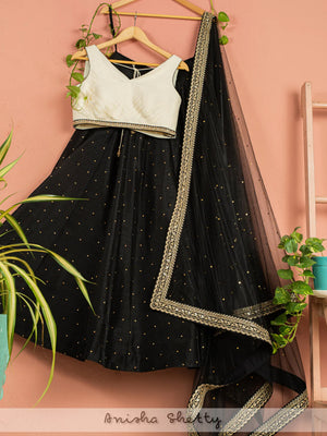 Charcoal Black Shimmer Lehenga Set With Ivory Blouse - S image