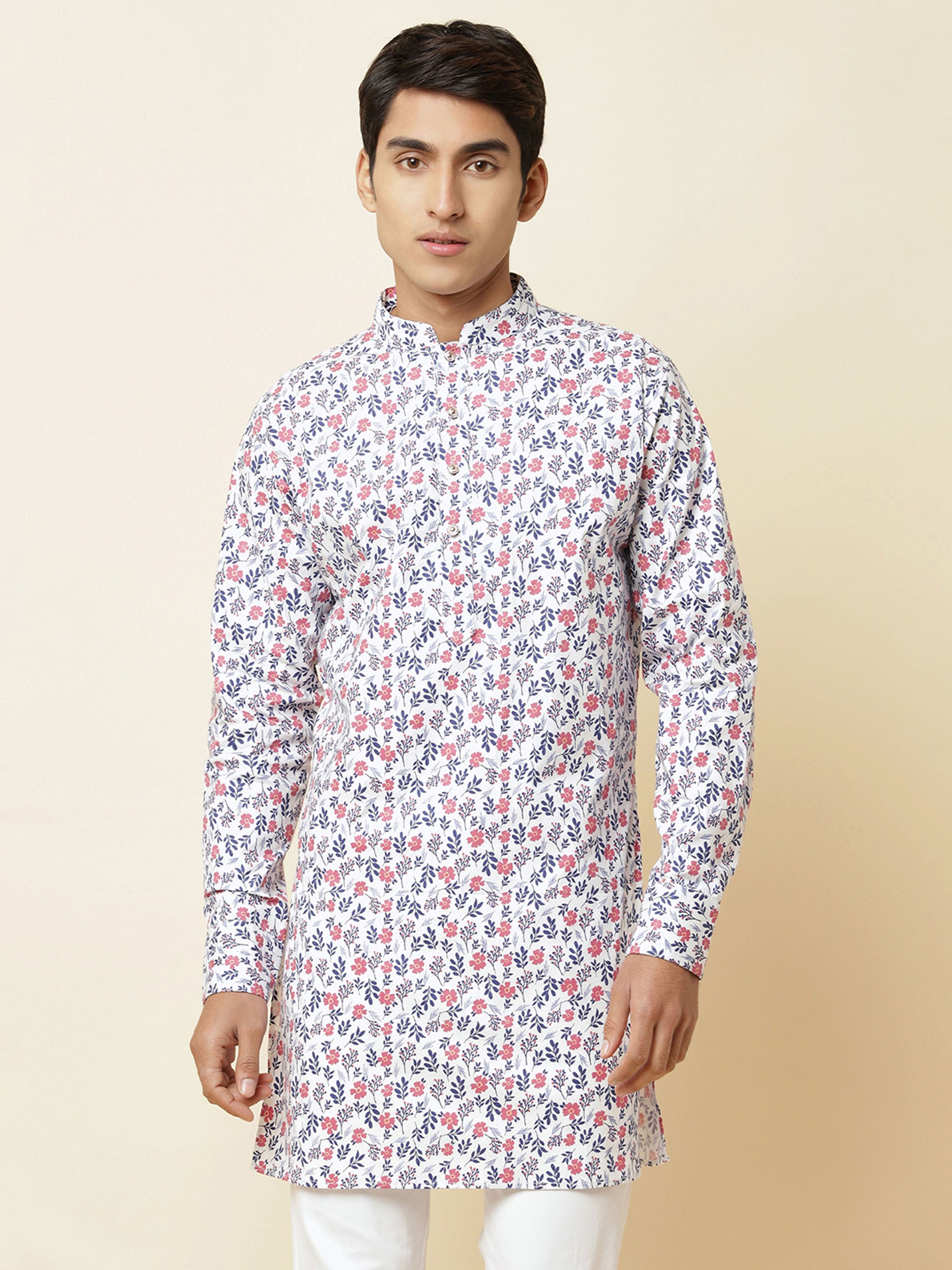 White Floral Print Kurta image 2