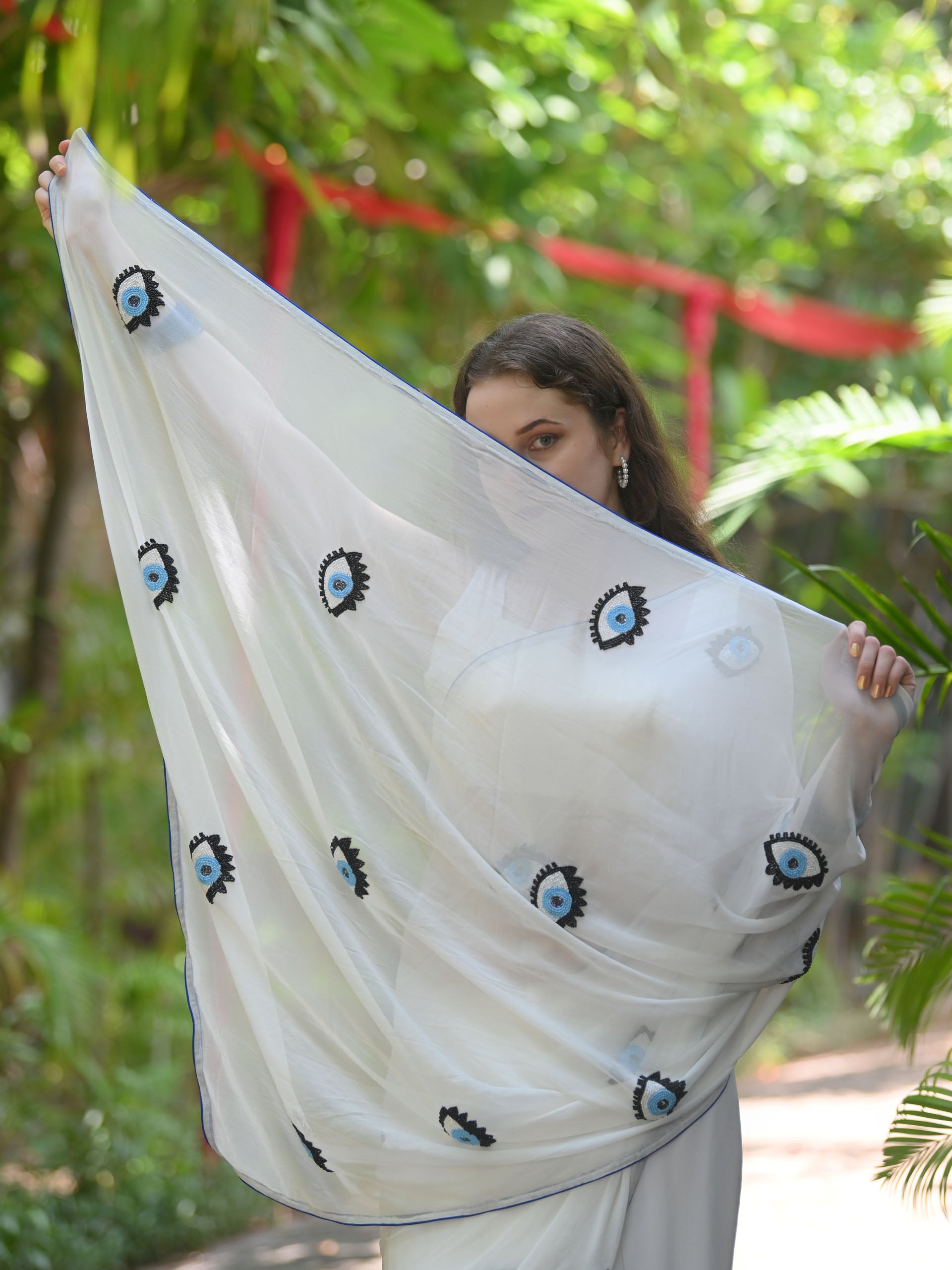 White Evil Eye Saree Set image 1