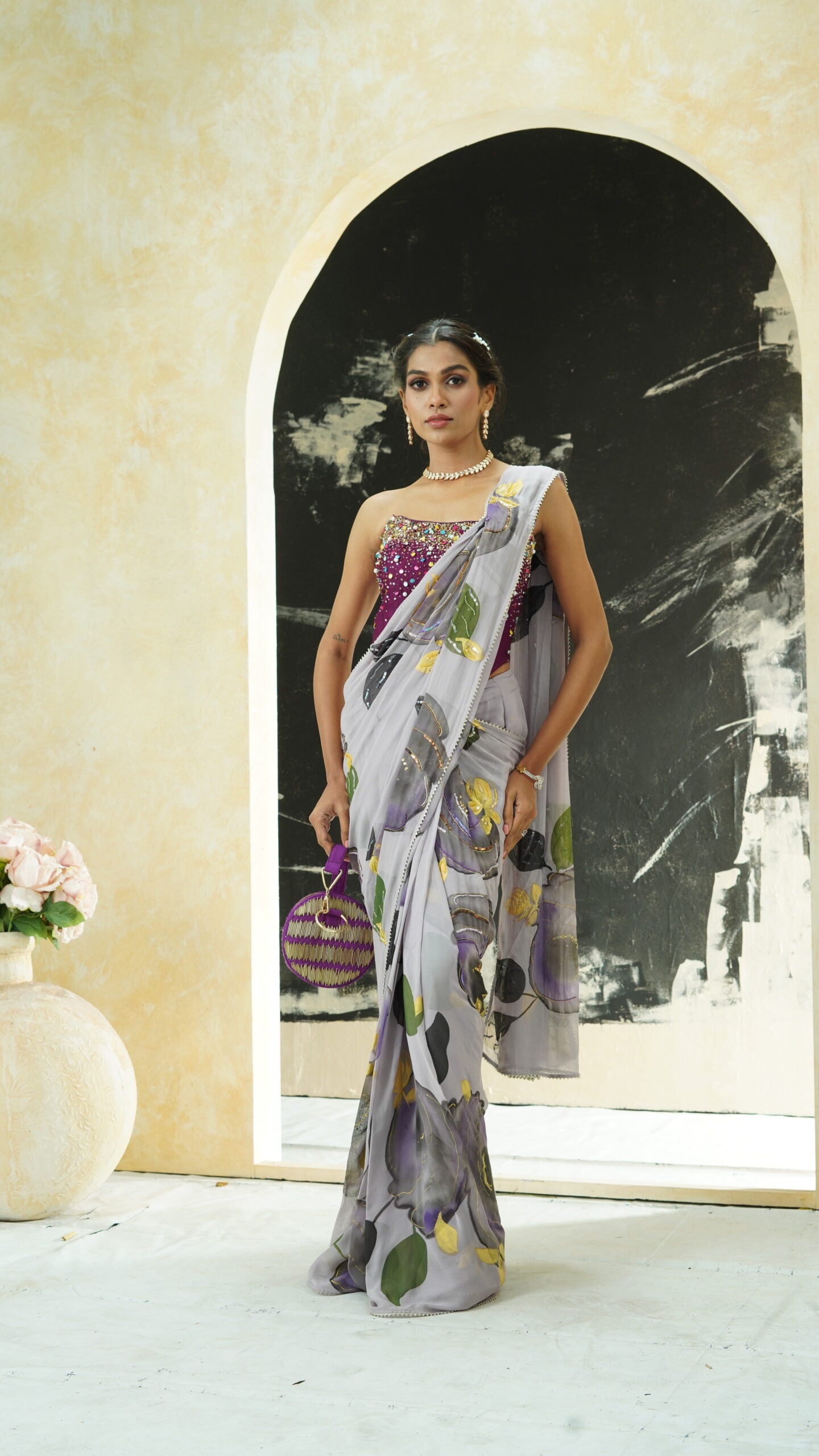 Periwinkle hand painted saree and corset set image 2