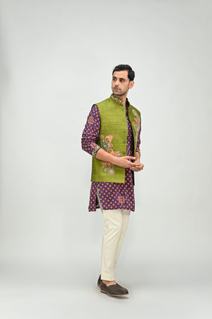 Plum Kurta Paired with Patch Olive Bundi  Pant Set image 2