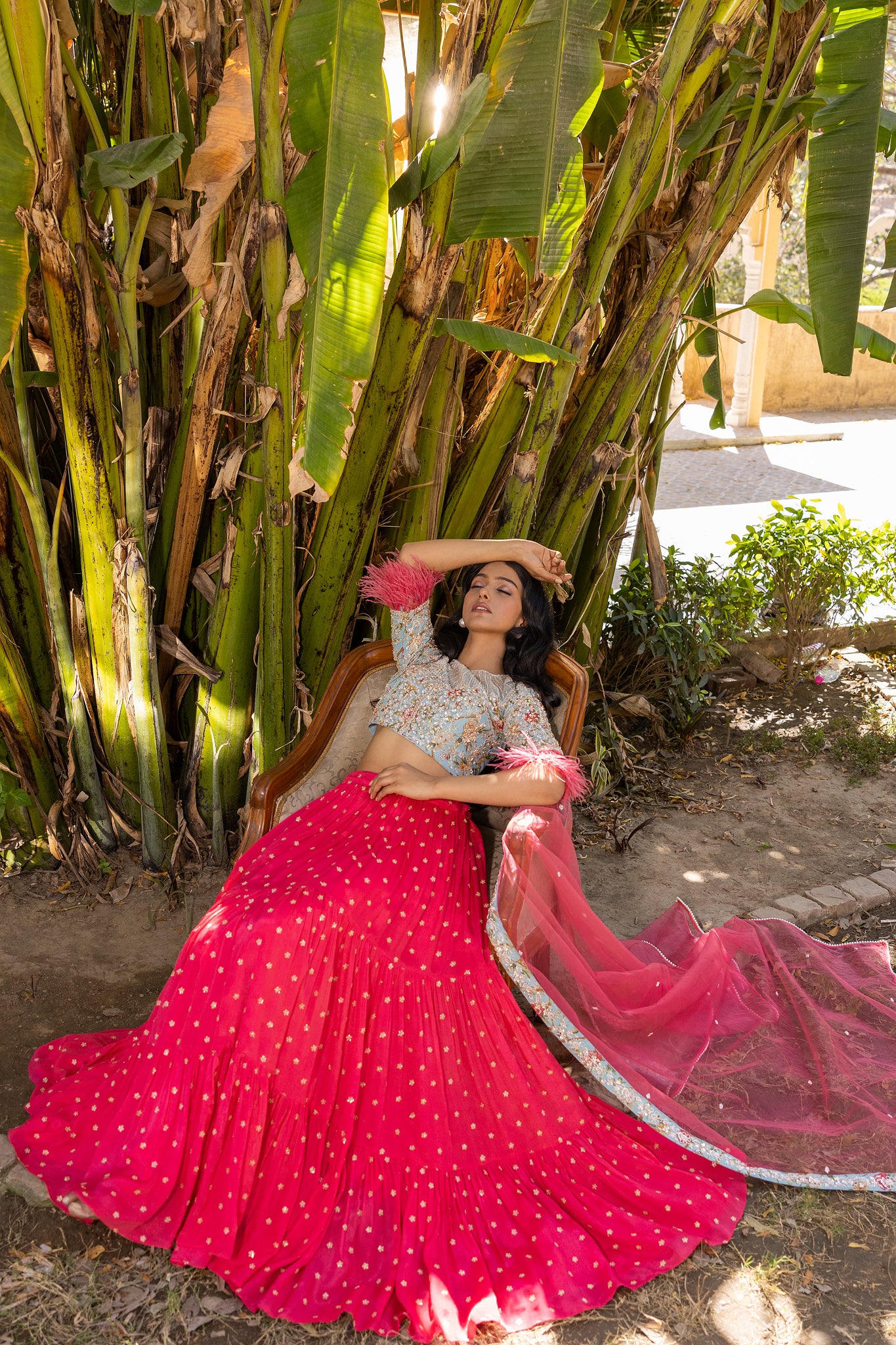 Coral Flair Sleeve Georgette &amp; Net Embroidered Lehenga Set - M image