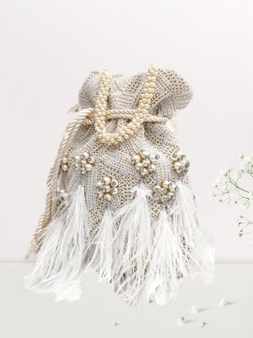 White Potli Bag with Pearls image 0