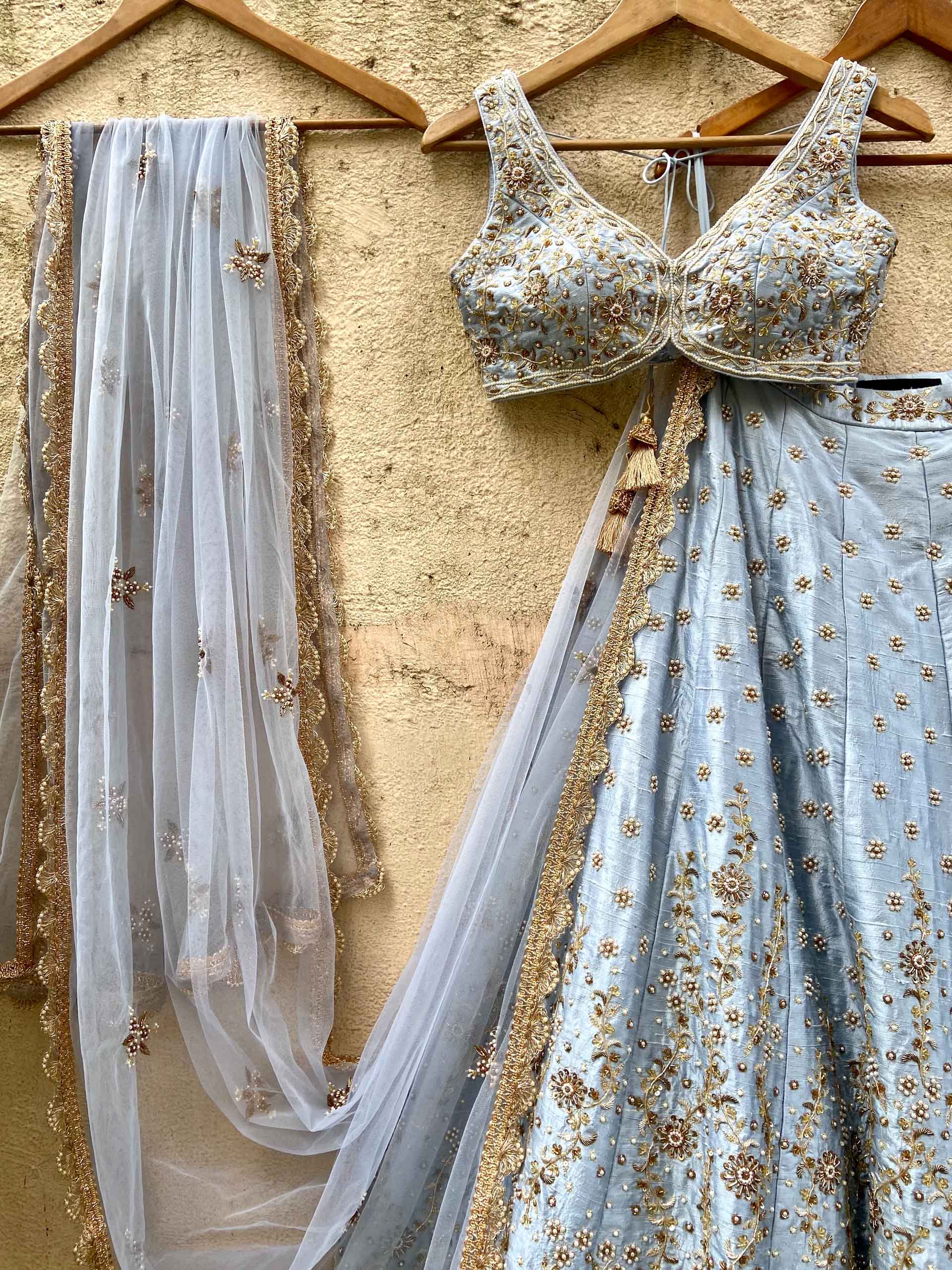 Powder Blue Bridal Embroidered Lehenga Set image 8