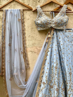 Powder Blue Bridal Embroidered Lehenga Set image 8