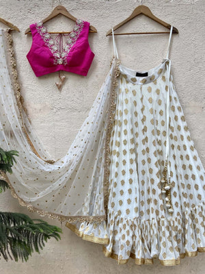 Ivory Ruffle Lehenga and Fuchsia Blouse Set - Custom image