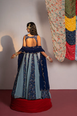 Royal Blue Printed and Embroidered Lehenga Set image 1