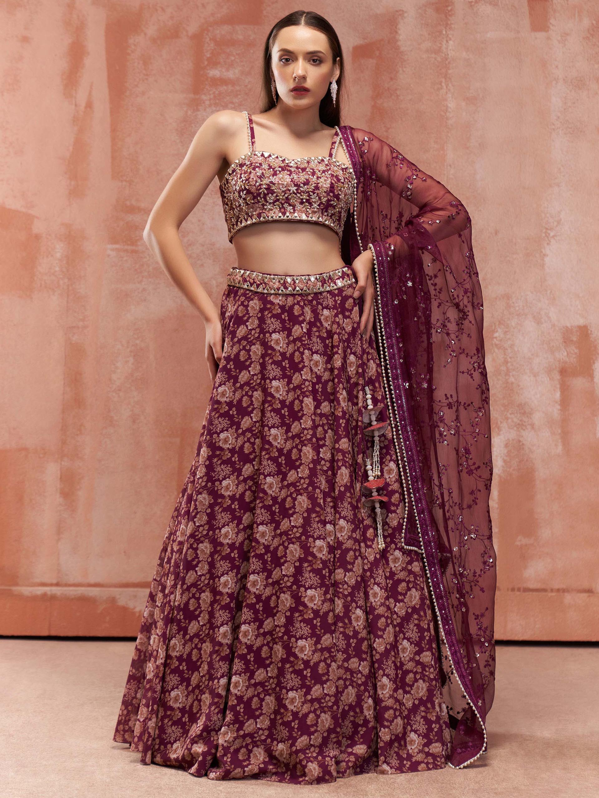 Wine Floral Print Co-Ord Lehenga Set image 4