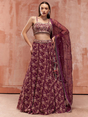 Wine Floral Print Co-Ord Lehenga Set image 4