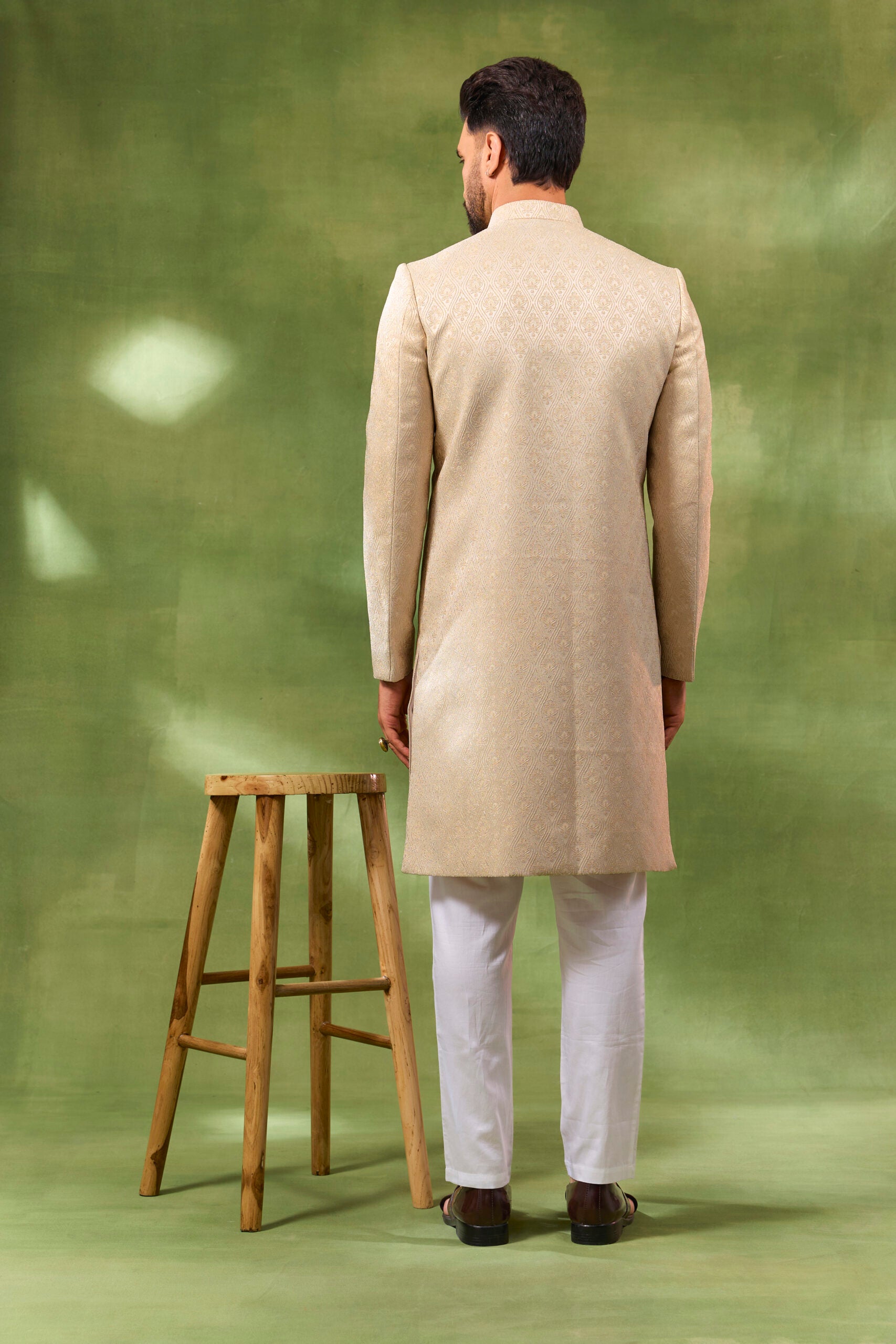 Cream Jacquard Embroidered Sherwani Set image 2