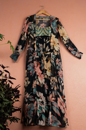 Midnight Blue Floral Blossom Pallazo Pant With Jacket Set - XL image