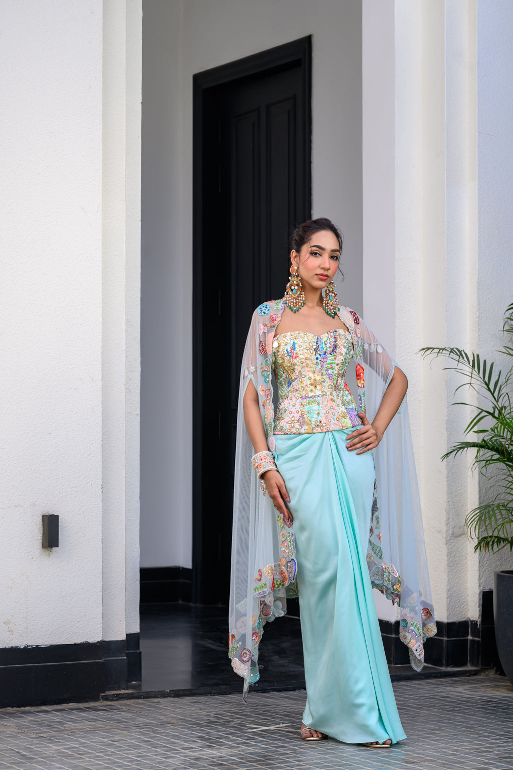 Gardenia Highlighted Corset With Dhoti Skirt And Cape image 5