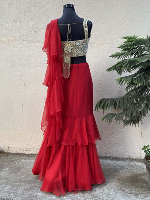 Red Ruffle Saree image 1