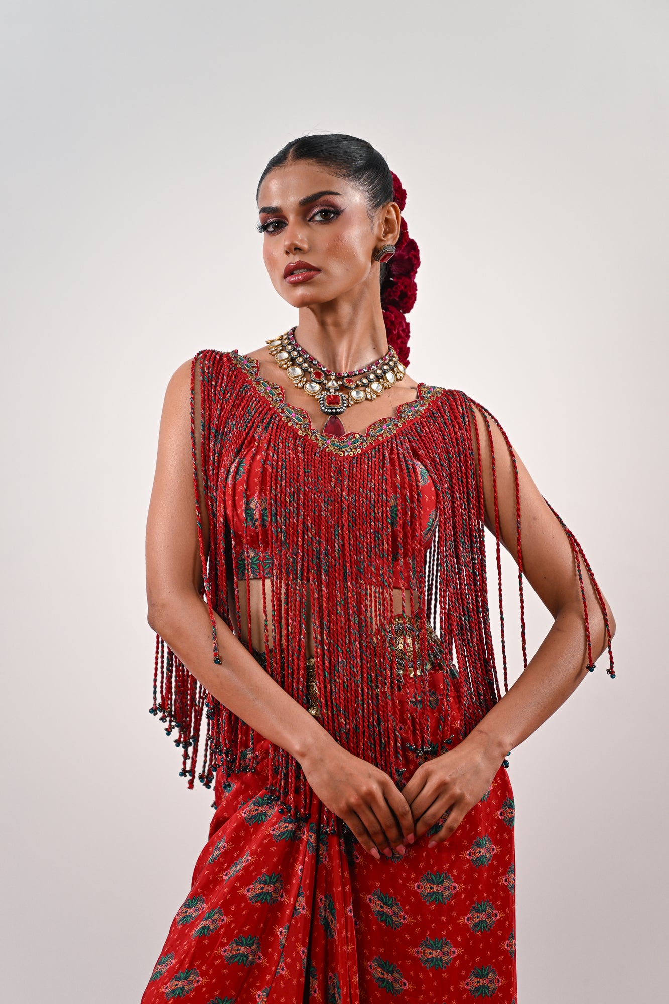 S TASSLE TOP PAIRED WITH PRINTED DHOTI SET image 2
