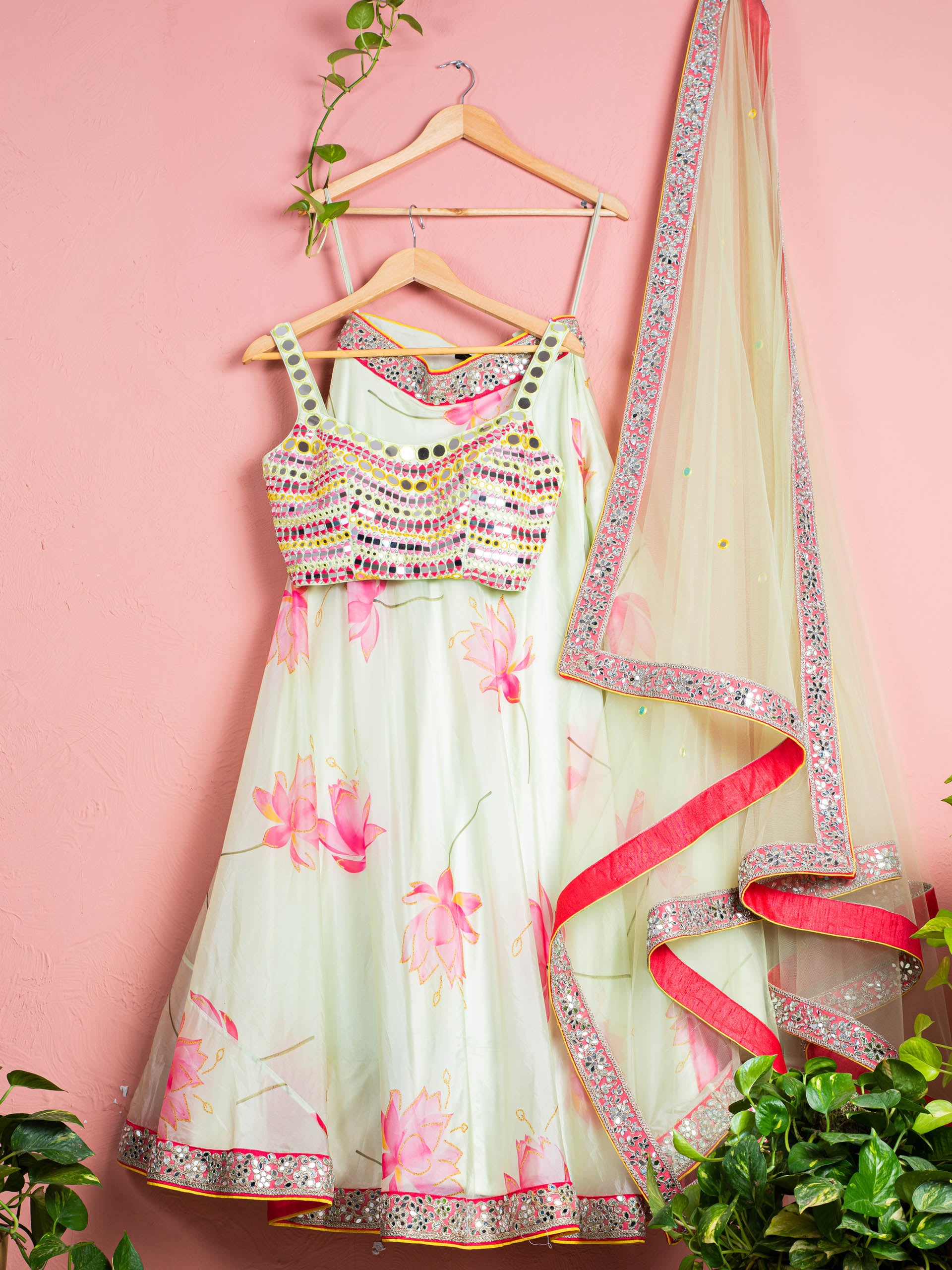 Green Lotus Floral Lehenga Set With Green Chantily Mirror Blouse - XS image