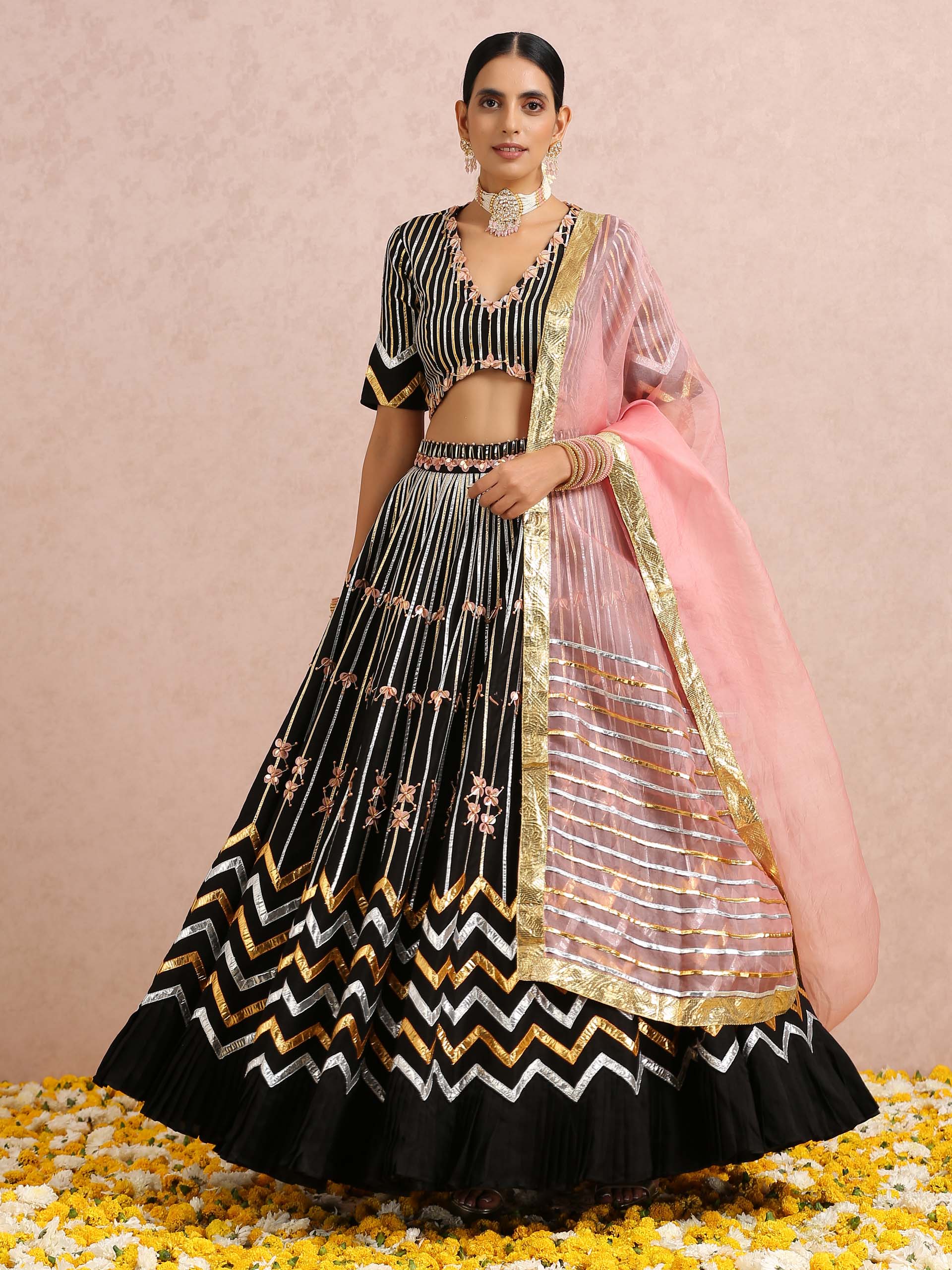 Black Embroidered Stripe Lehenga Set - XS image