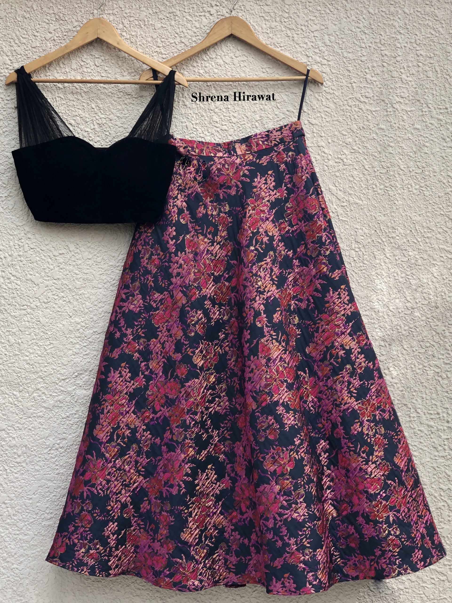 Black Velvet Blouse with Hot Pink Skirt - M image