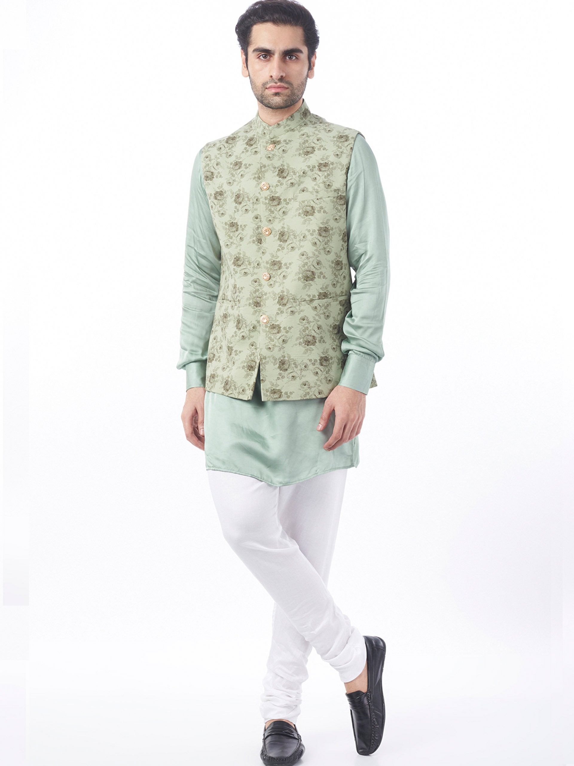 Green Rose Print Bundi Jacket Set - L image