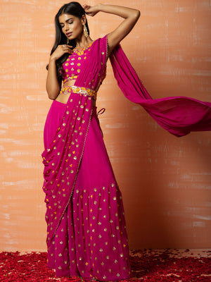 Pink Floral Sharara Saree Set - XS image