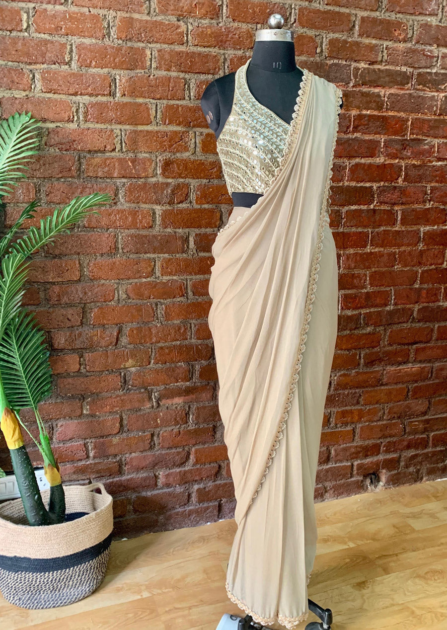 Beige Pre-stitched Saree With Mirror Blouse image 1