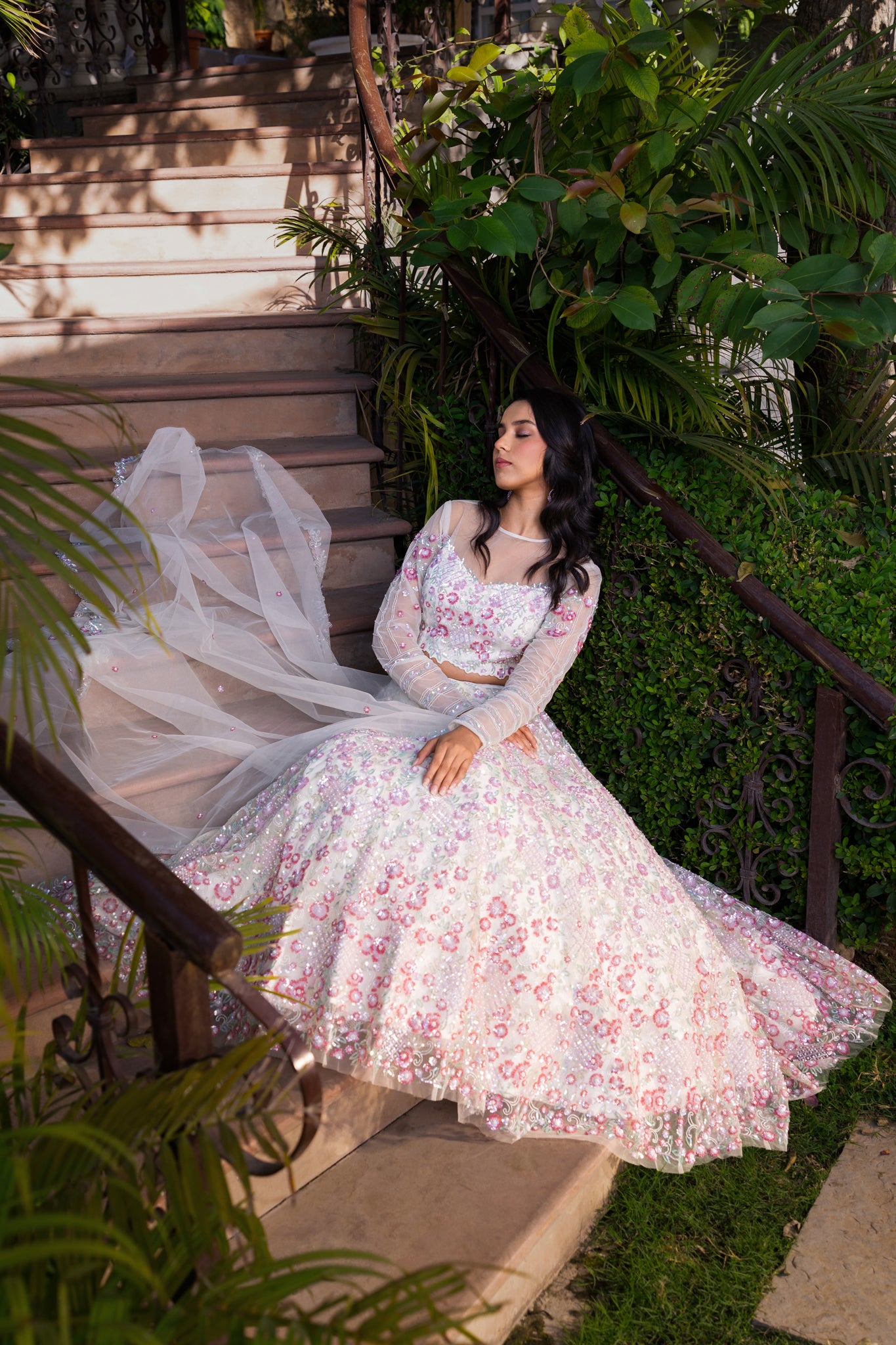 Off-White Net Embroidered Lehenga Set image 9