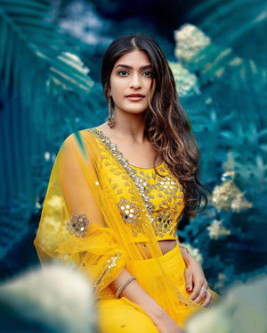 Yellow Mirror Work Lehenga image 3