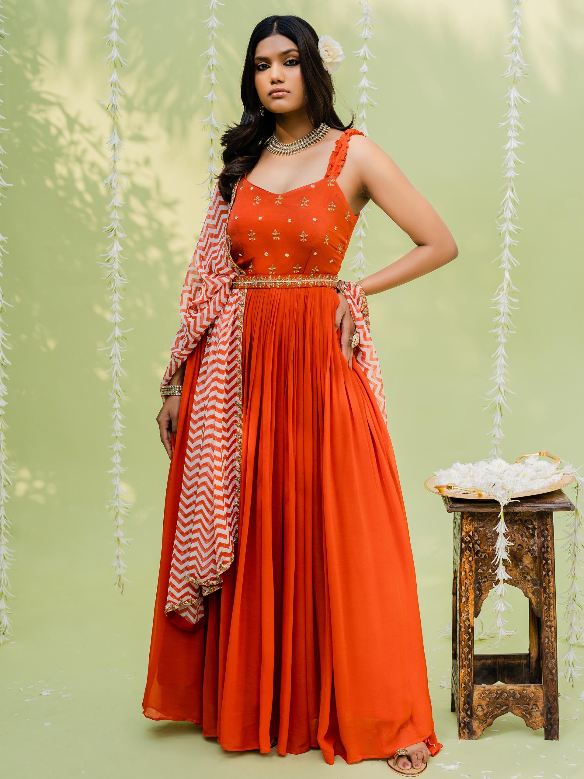 Red Orange Anarkali Set with Contrast Dupatta image 2