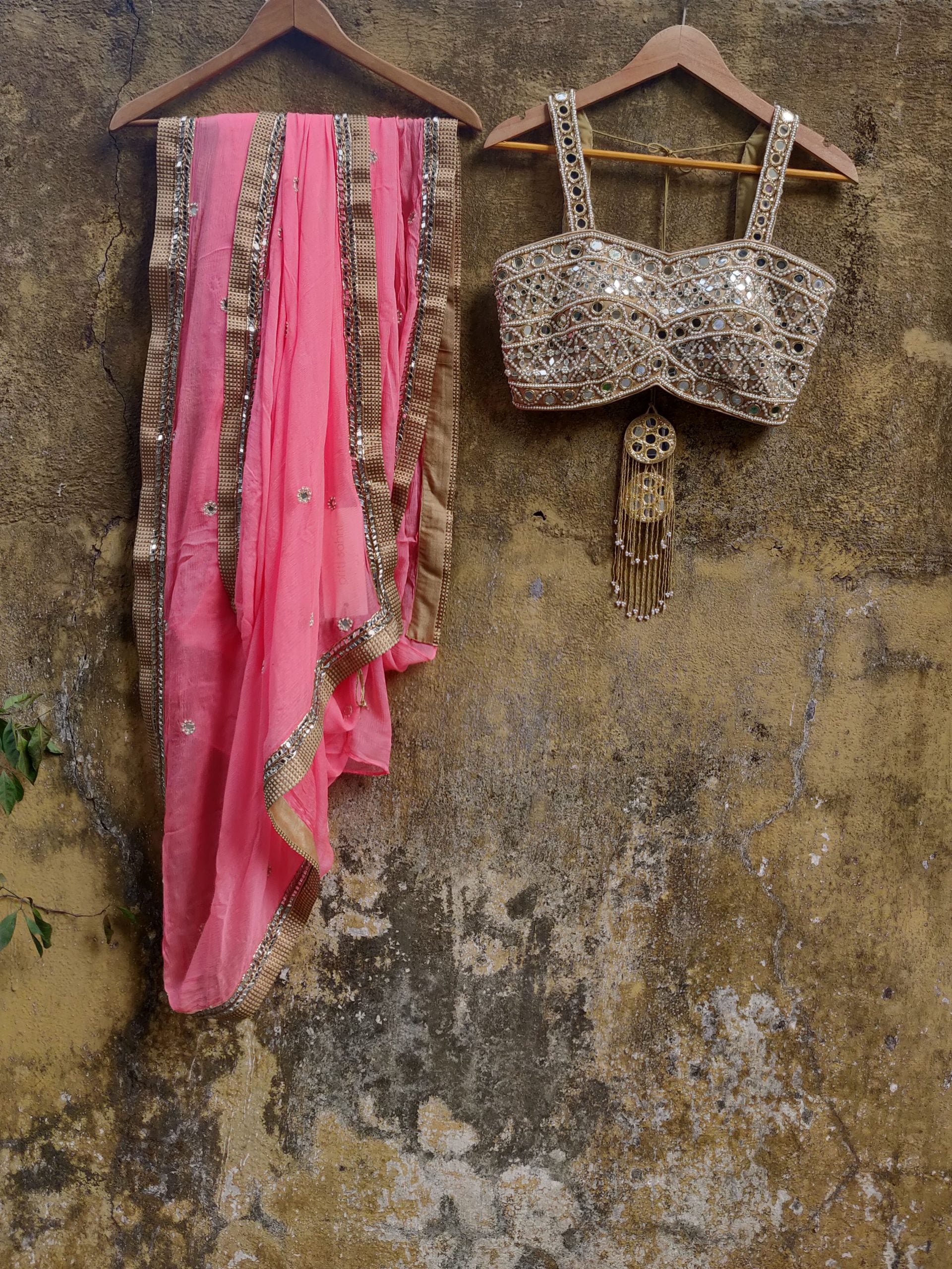 Peach Chiffon Saree with Mirror Bustier image 1