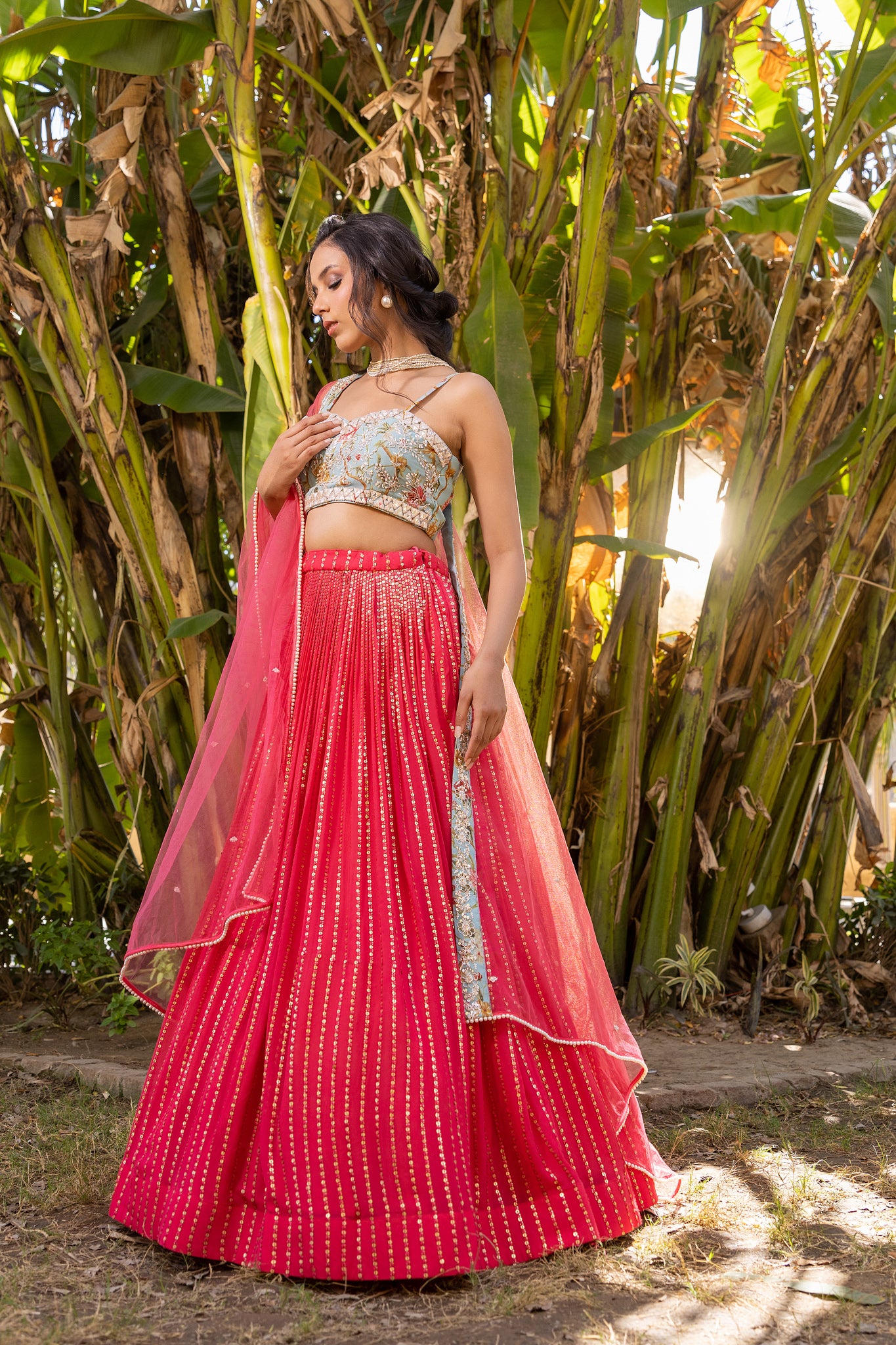 Coral Floral Georgette &amp; Net Embroidered Lehenga Set - XL image