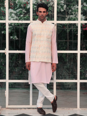Baby Pink Kurta Set With Multi Sequins Bundi - L image