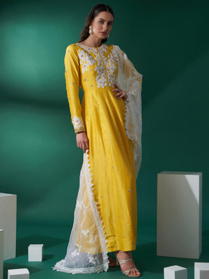 Yellow Mirror Lace Anarkali Set image 3