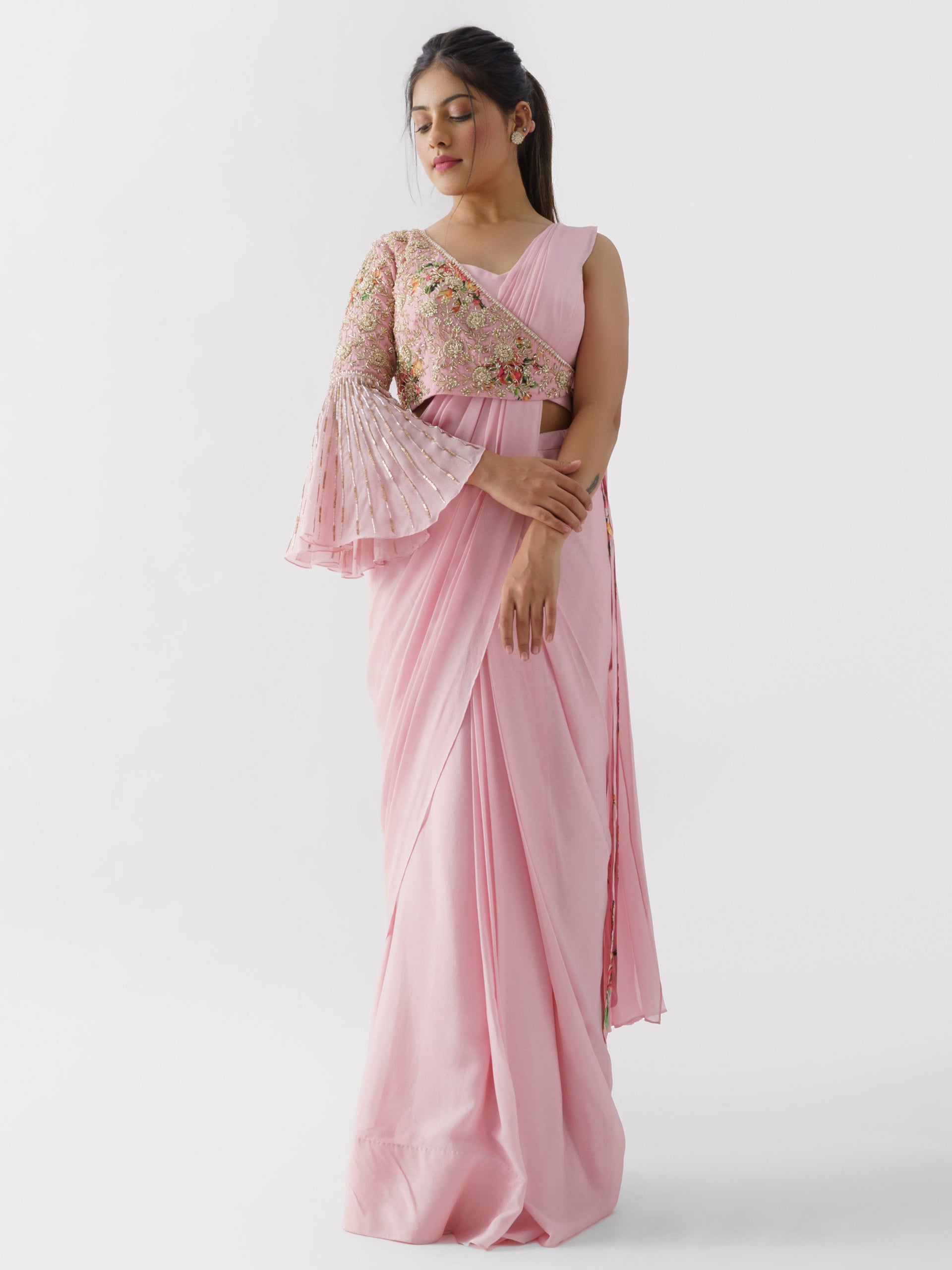 Blush Pink Pre Drape Saree Set image 0