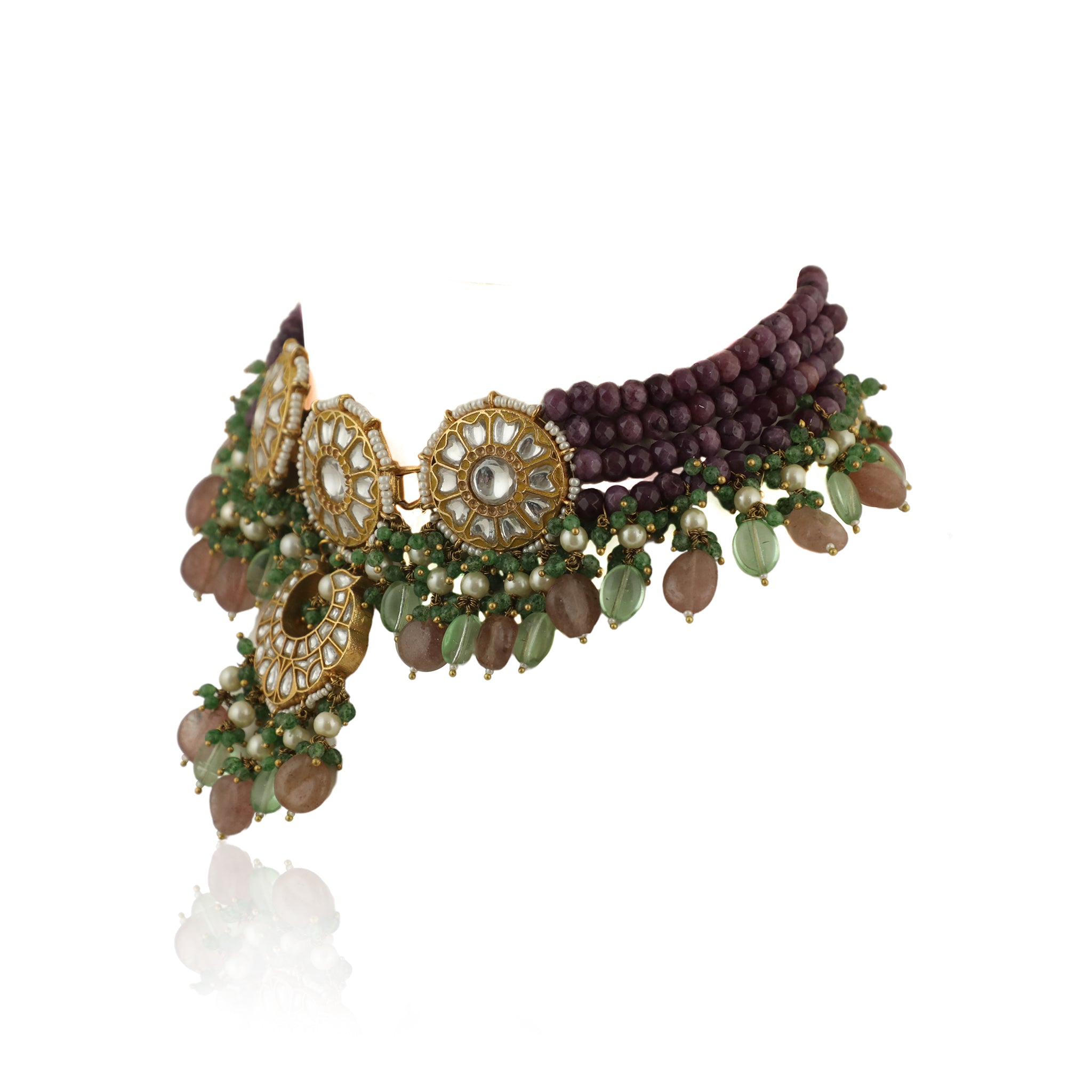 Purple Moti Line Choker Necklace Set image 1