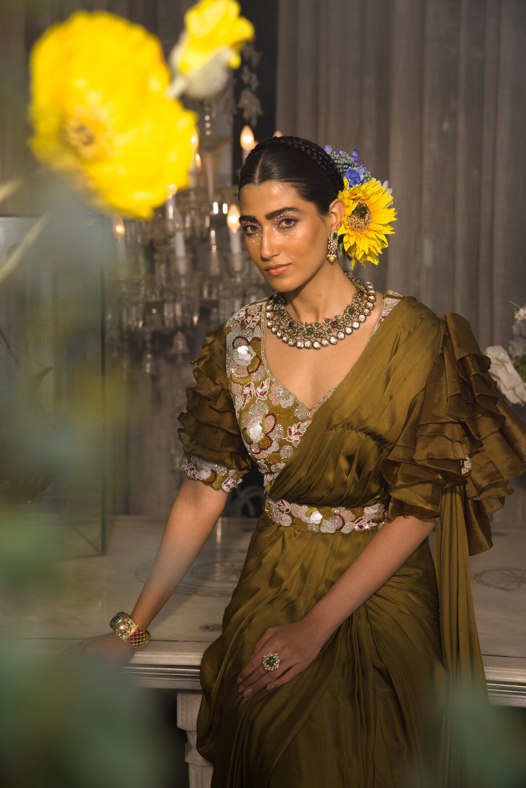 Ruffle Pre-Draped Saree Set image 6