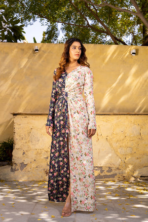 Off White &amp; Navy Blue Georgette Crepe Twisted Dress image 1