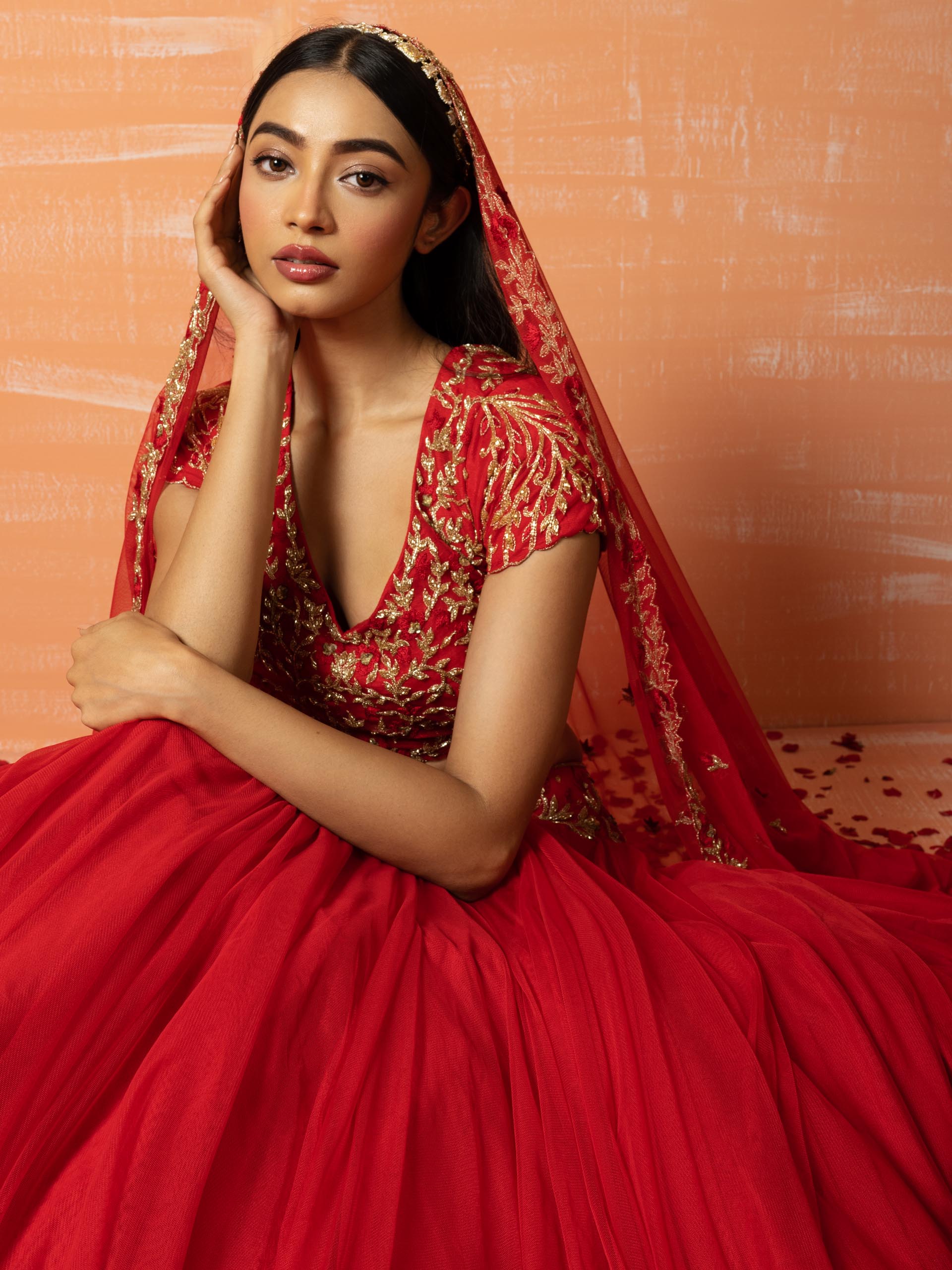 Red Bridal Net Lehenga Set image 1
