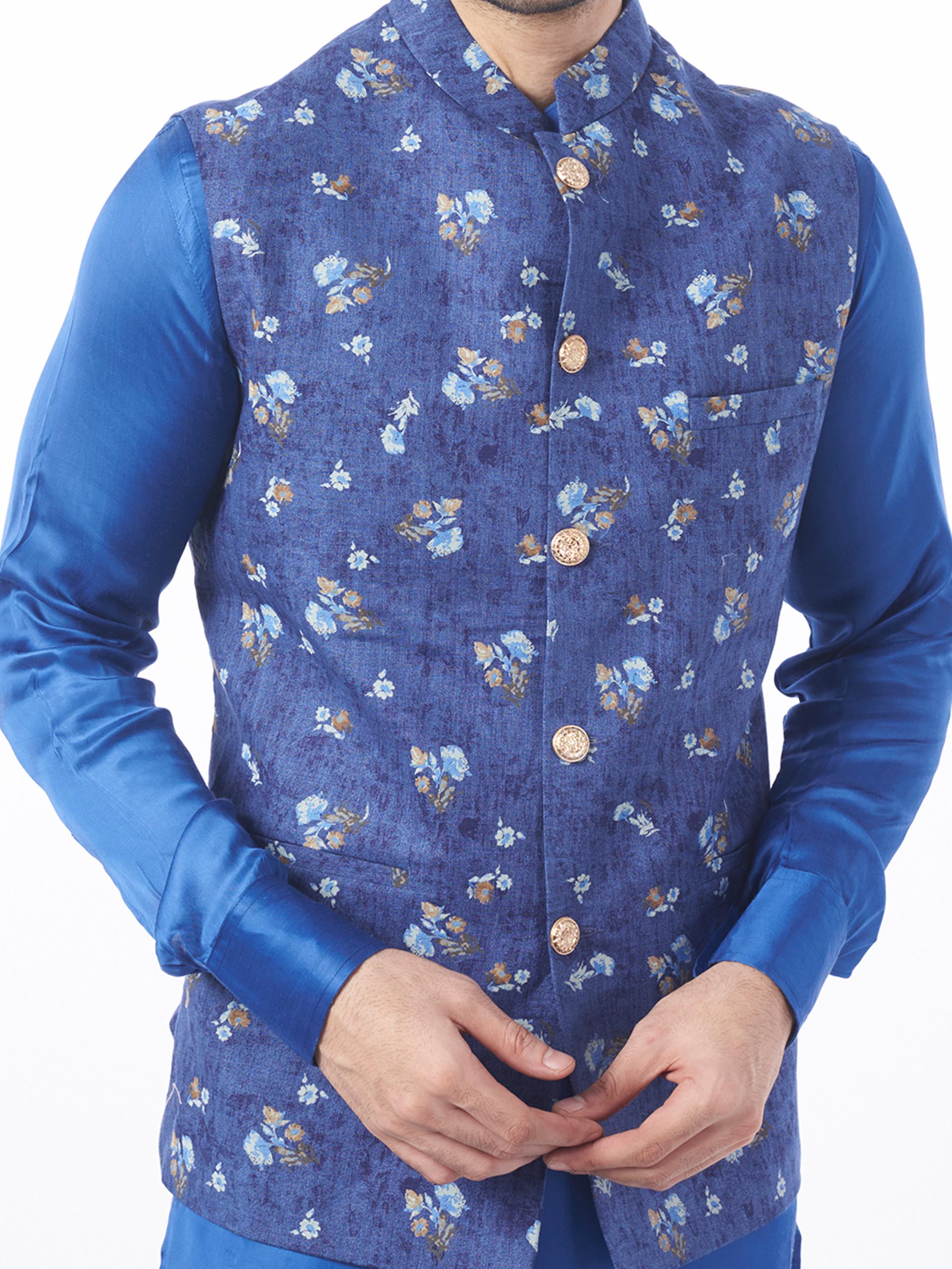 Blue Floral Print Bundi Jacket Set image 1