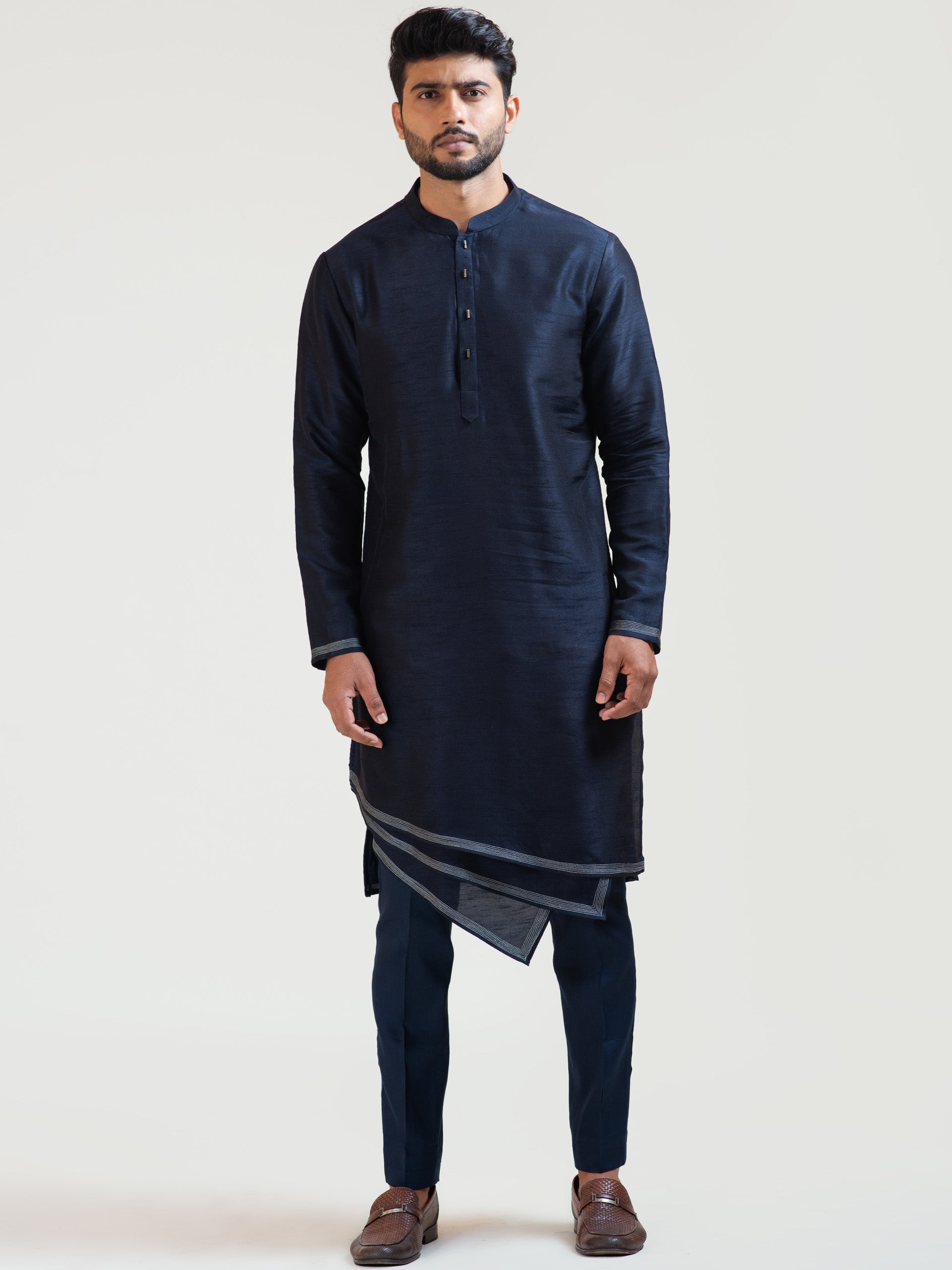 Ink Blue Geometric Panel Kurta Set - L image